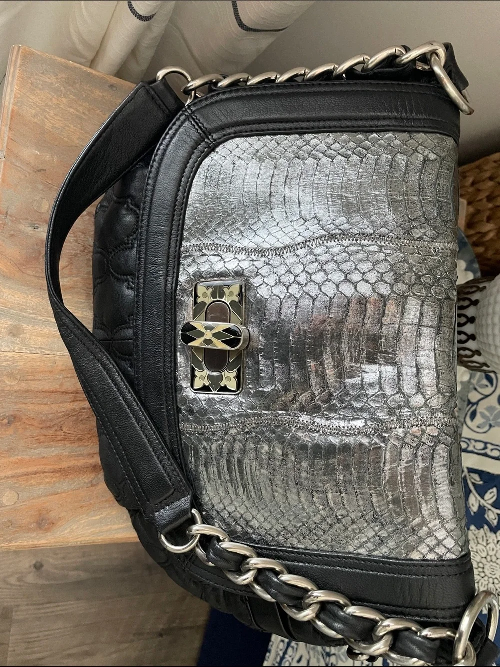 Chi by Carlos Falchi Black Leather Shoulder Bag with Silver Snake-Print Flap